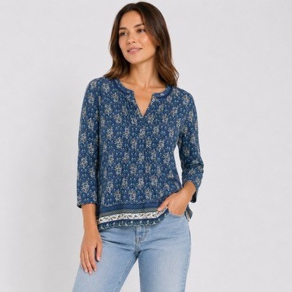 Lucky Brand Blue Floral Pintuck Pleat Split Neck 3/4 Sleeve Blouse XS Womens
